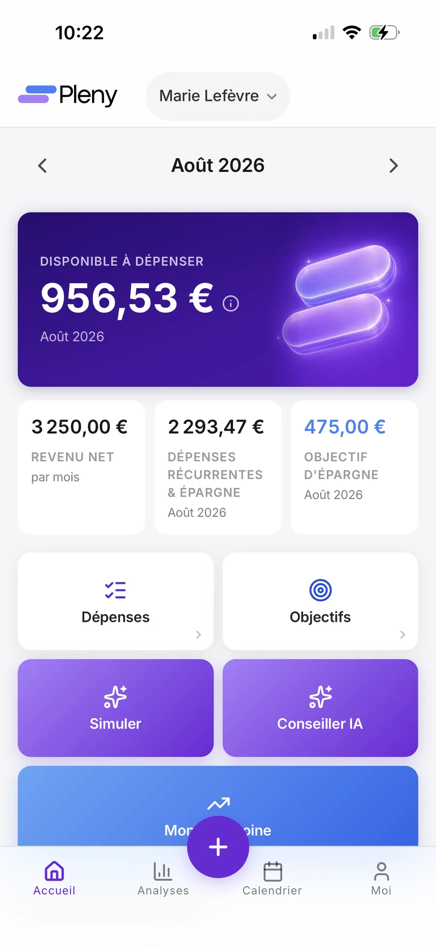 Tableau de bord du foyer : budget disponible avec les profils des deux partenaires