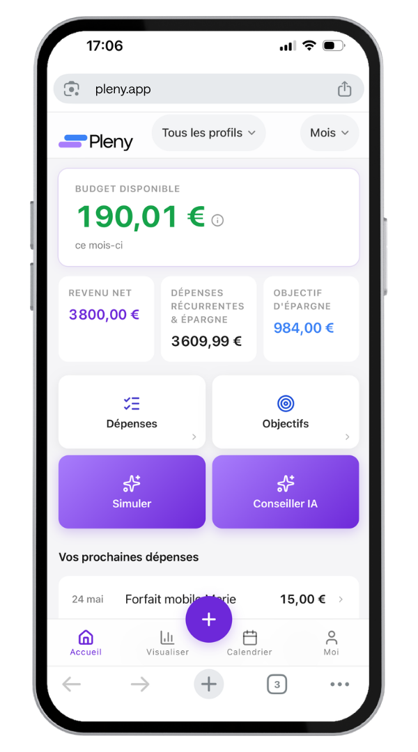 Pleny sur mobile, montrant le budget disponible du mois et l'accès rapide aux dépenses, objectifs, simulation et conseiller IA